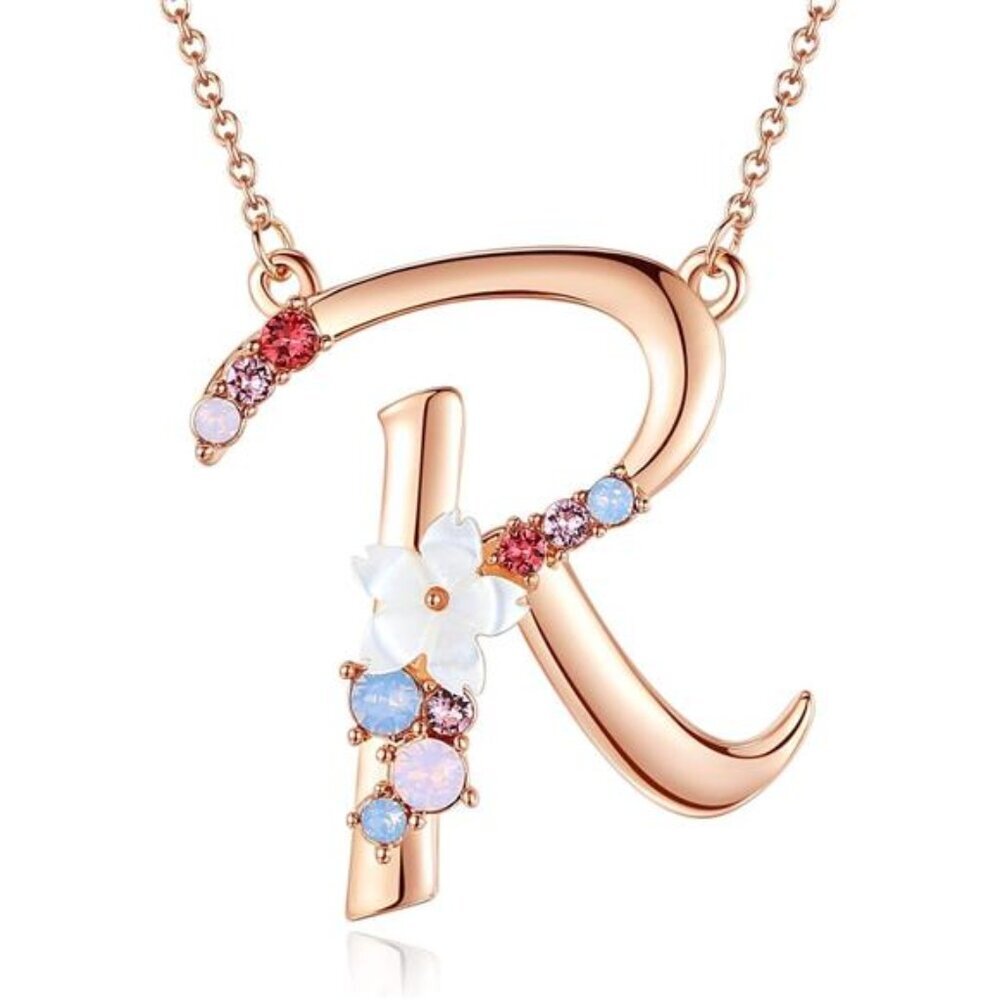 Flower Initial Necklace Personalized Name Jewelry Pearl Pendant Crystal Gifts